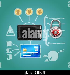 Concetto di denaro realistico con portafoglio in pelle lucchetto carta di credito dorata monete elementi disegnati a mano illustrazione vettoriale isolata Illustrazione Vettoriale