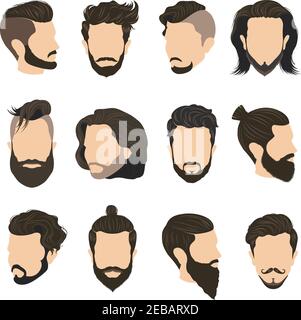 Icone per capelli uomo con barba e baffi piatti isolati illustrazione vettoriale Illustrazione Vettoriale