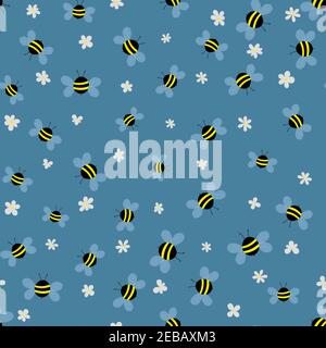 Motivo senza cuciture con api e fiori su sfondo beige. Adorabili personaggi wasp cartoon. Modello di disegno per invito, schede, tessuto, tessuto Illustrazione Vettoriale