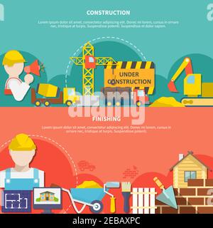 Striscioni orizzontali per settore piatto con elementi da costruzione, utensili e costruzioni illustrazione del vettore di completamento Illustrazione Vettoriale