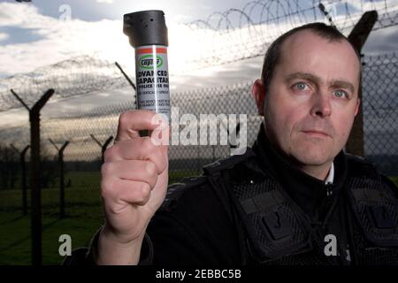 Responsabile della polizia del Regno Unito che utilizza spray inabilitante Foto Stock