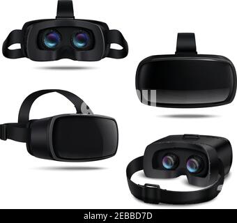 Visori realistici in realtà virtuale nera visti da diversi lati isolati illustrazione vettoriale di sfondo bianco Illustrazione Vettoriale