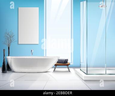 Bagno moderno e luminoso con interni dal design realistico e doccia bianca decorazioni della cabina e illustrazione vettoriale degli accessori Illustrazione Vettoriale