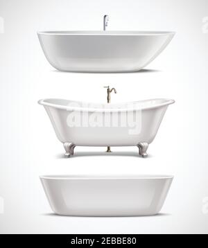 Vasche da bagno bianche di stile e forma diversi, con isolamento realistico immagine vettoriale su sfondo bianco Illustrazione Vettoriale