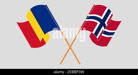 Bandiere incrociate e sventolanti di Romania e Norvegia. Illustrazione vettoriale Illustrazione Vettoriale