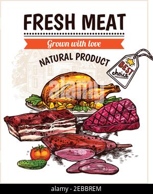 Poster dei piatti fatti a mano con bistecca di pollo arrosto e ortaggi illustrazione vettoriale Illustrazione Vettoriale