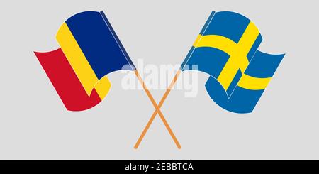 Bandiere incrociate e sventolanti di Romania e Svezia. Illustrazione vettoriale Illustrazione Vettoriale