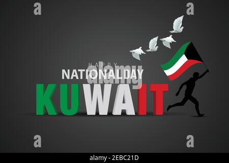 Felice giornata nazionale Kuwait un uomo che corre con bandiera Kuwait. disegno di illustrazione vettoriale di lettera 3d Illustrazione Vettoriale