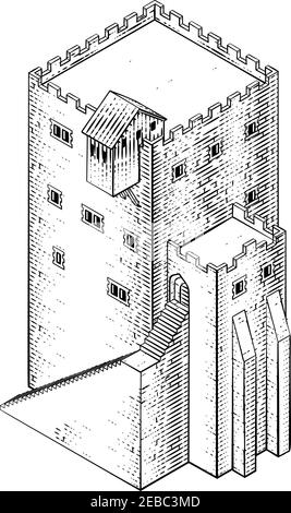 Illustrazione d'epoca dell'icona della mappa medievale dell'edificio Illustrazione Vettoriale