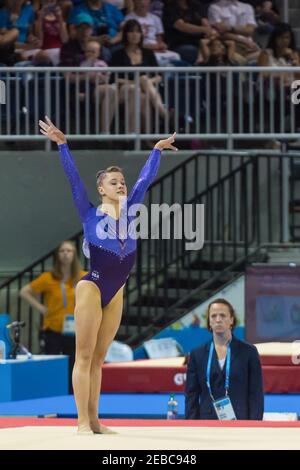 Amelia Hundley degli Stati Uniti si esibisce nella finale del concorso femminile durante i Toronto Pan American Games 2015. Queste prestazioni guadagnano Foto Stock