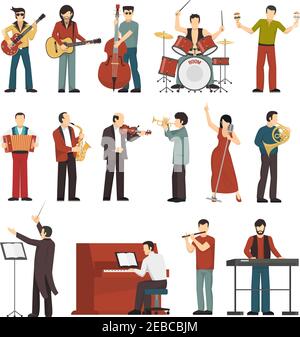 Personaggi di musicisti colorati con diverse icone di strumenti musicali direttore chitarrista cantante batterista tromba contrabbasso giocatore piatto isolato v Illustrazione Vettoriale