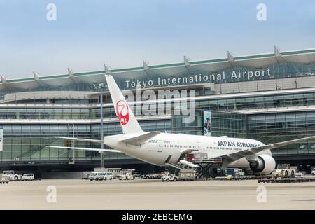 Japan Airlines Boeing 777 presso il terminal dell'aeroporto internazionale di Tokyo, Giappone Foto Stock