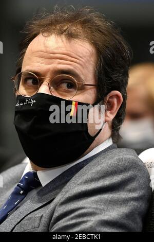 David Clarinval, ministro dell'Agricoltura e delle PMI, ha raffigurato durante una conferenza stampa del governo federale, a Bruxelles, venerdì 12 febbraio 2021. Foto Stock