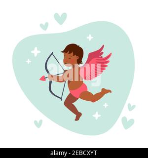 Cupido o angelo con arco e freccia. Vettore carino cupido per giorno di San Valentino. Illustrazione vettoriale stile piatto del cartone animato Illustrazione Vettoriale