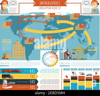Schemi di concetto logistico per il trasporto merci in tutto il mondo e il servizio di consegna 24 ore su 24 poster del report infografico illustrazione vettoriale piatta astratta Illustrazione Vettoriale