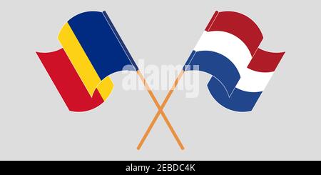 Bandiere incrociate e sventolanti della Romania e dei Paesi Bassi. Illustrazione vettoriale Illustrazione Vettoriale