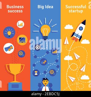 Concetto di business con idea di avvio e successo banner verticali piatto illustrazione vettoriale isolata Illustrazione Vettoriale