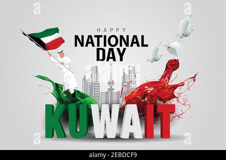 25 febbraio Felice giornata nazionale arabo uomo che corre con bandiera Kuwait. illustrazione vettoriale in 3d per la progettazione di una città isolata di sfondo Illustrazione Vettoriale