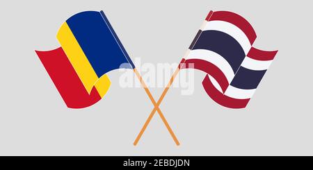 Bandiere incrociate e sventolanti di Romania e Thailandia. Illustrazione vettoriale Illustrazione Vettoriale