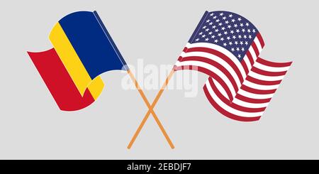 Bandiere incrociate e sventolanti della Romania e degli Stati Uniti. Illustrazione vettoriale Illustrazione Vettoriale