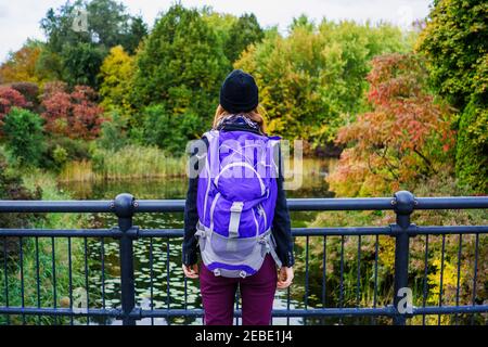 Donna solista i viaggiatori che vogliono esplorare durante l'autunno, Montreal, Quebec, Canada Foto Stock