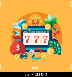 Casino pockie macchina icone composizione rotonda con monete denaro oro simboli dei chip illustrazione vettoriale piatta Illustrazione Vettoriale