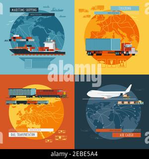 Logistica navigazione marittima e trasporto aereo di carico in tutto il mondo 4 flat icone composizione banner astratto immagine vettoriale isolata Illustrazione Vettoriale