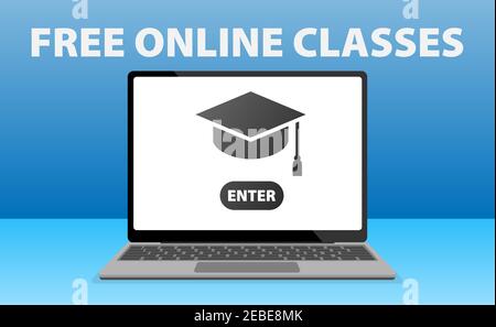 lezione online sull'icona del corso online sul computer portatile, illustrazione vettoriale del concetto di e-learning Illustrazione Vettoriale