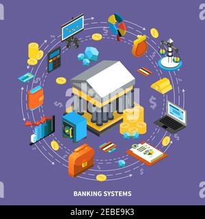 Icone finanziarie bancarie composizione isometrica rotonda con frecce computer portafoglio carte di credito monete oro flusso di denaro simboli segni vettore illustrazione Illustrazione Vettoriale