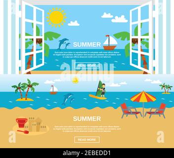 Bandiere orizzontali estate e spiaggia con finestra di mare surf e illustrazione vettoriale piatta isolata dei palmi Illustrazione Vettoriale
