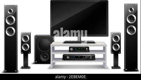 Sistema home theater realistico con lettore dvd tv e altoparlanti musicali illustrazione vettoriale isolata Illustrazione Vettoriale