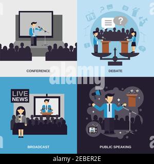 Concetto di design di pubblico dominio con dibattito in conferenza radiodiffusione flat icone illustrazione vettoriale isolata Illustrazione Vettoriale