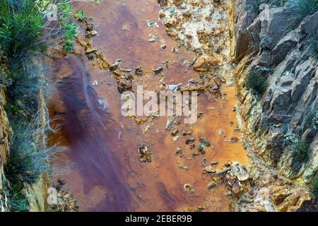 Una vista astratta dall'alto di un letto di un fiume in un area mineraria abbandonata con giacimenti di minerali e metalli in profondità acqua Foto Stock