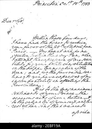 Lettera di George Washington al Conte de Noailles, datata 15 ottobre 1783 (dono per il Presidente di Francia Charles de Gaulle). Copia fotografia della prima pagina di una lettera scritta da George Washington al Conte de Noailles (Philippe, Comte de Noailles), datata 15 ottobre 1783. Il presidente John F. Kennedy ha presentato la lettera in dono al presidente francese Charles de Gaulle. Foto Stock