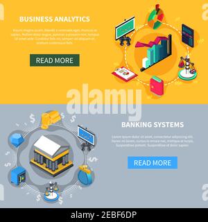 Business analytics e sistemi bancari icone isometriche finanziarie set di banner con diagrammi scala di denaro simboli illustrazione vettoriale Illustrazione Vettoriale