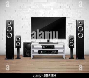 Modello per interni realistico per Home Theatre con amplificatore tv e acustica illustrazione vettoriale degli altoparlanti Illustrazione Vettoriale