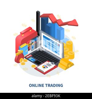 Online trading finanziario isometrica composizione icone con diagramma colonne freccia carta di credito oro monete denaro portafoglio valigia illustrazione vettoriale Illustrazione Vettoriale