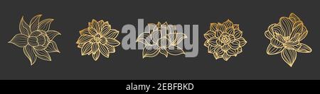 Set di fiori di loto dorati su sfondo nero. Illustrazione vettoriale disegnata a mano. Illustrazione Vettoriale