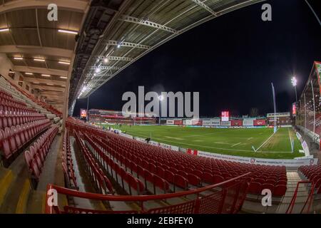 Gloucester, Regno Unito. 12 Feb 2021. General view Kingsholm Stadium Gloucester a Gloucester, UK il 12/02/2021. (Foto di Gareth Dalley/News Images/Sipa USA) Credit: Sipa USA/Alamy Live News Foto Stock