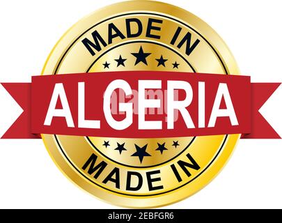 Made in Algeria medaglia d'oro etichetta vettoriale disegno su bianco Illustrazione Vettoriale