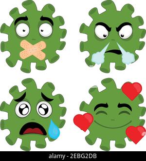 Illustrazione vettoriale di emoticon di coronavirus cartoon con espressioni di rabbia, paura, tristezza, amore e con bocca chiusa con bande adesive Illustrazione Vettoriale