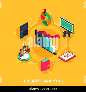 Business analytics icone isometriche finanziarie con calcolatore delle scale dei diagrammi percentuali illustrazione vettoriale dei simboli del computer Illustrazione Vettoriale