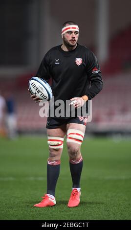 Kingsholm Stadium, Gloucester, Gloucestershire, Regno Unito. 12 Feb 2021. Rugby, Gloucester contro Bristol Bears; Lewis Ludlow di Gloucester riscalda Credit: Action Plus Sports/Alamy Live News Foto Stock