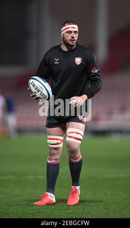 Kingsholm Stadium, Gloucester, Gloucestershire, Regno Unito. 12 Feb 2021. Rugby, Gloucester contro Bristol Bears; Lewis Ludlow di Gloucester riscalda Credit: Action Plus Sports/Alamy Live News Foto Stock