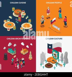 Chili attrazioni per i turisti 4 icone isometriche poster quadrato con cultura nazionale cucina e monumenti isolato illustrazione vettoriale Illustrazione Vettoriale