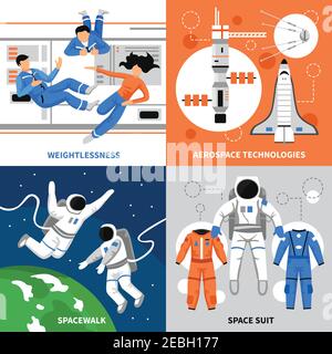 Astronauti nello spazio e tecnologie aerospaziali concetto di progettazione 2x2 su sfondi colorati immagine vettoriale isolata piatta Illustrazione Vettoriale