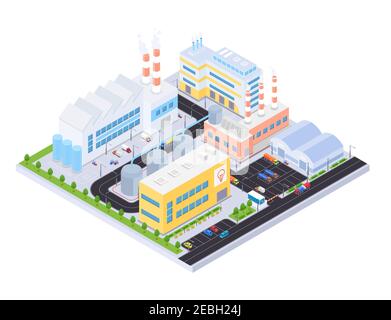 Complesso industriale - moderno vettore colorato illustrazione isometrica. Immagini di edifici, fabbriche e impianti, tubi, parcheggi, strade con veicoli Illustrazione Vettoriale