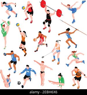 Set isometrico sportivo con sportivi di palla giochi olimpici lancio atletica da competizione illustrazione vettoriale isolata Illustrazione Vettoriale