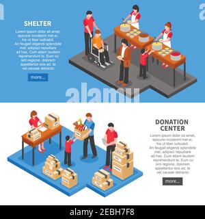Banner orizzontali isometrici di beneficenza con centro di donazione volontari che alimentano e. dare le cose necessarie alle persone da rifugio isolato vettore illusione Illustrazione Vettoriale