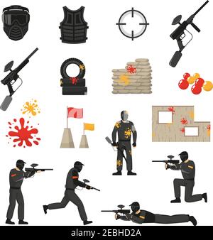 Icone piatte Set di oggetti da campo paintball e giocatori isolato su sfondo bianco illustrazione vettoriale Illustrazione Vettoriale